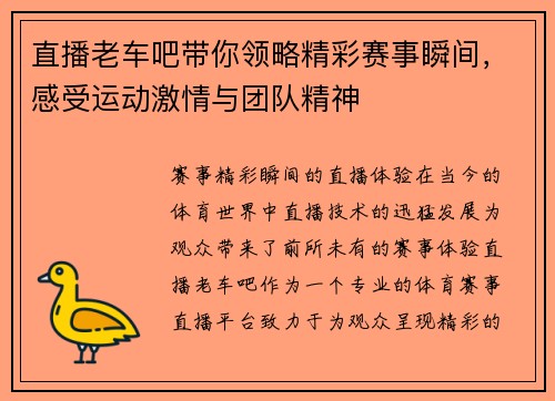 直播老车吧带你领略精彩赛事瞬间，感受运动激情与团队精神