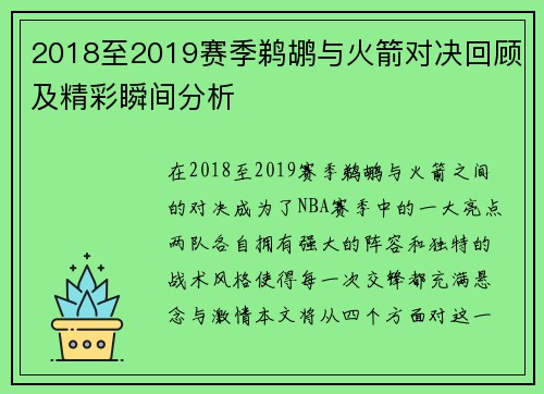 2018至2019赛季鹈鹕与火箭对决回顾及精彩瞬间分析