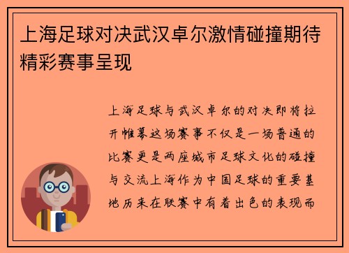上海足球对决武汉卓尔激情碰撞期待精彩赛事呈现